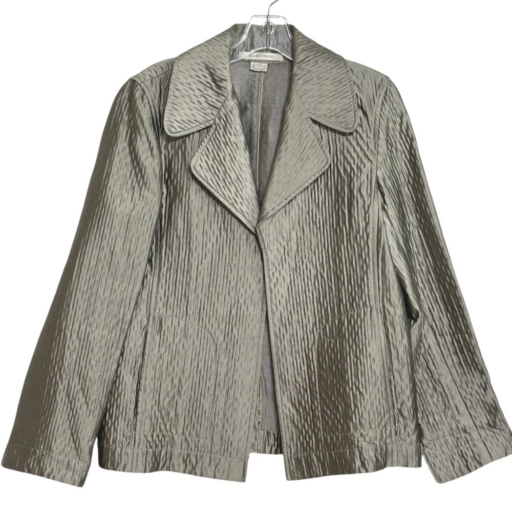 Ellen Tracy Blazer Women Silver Textured 100% Silk Open Front Evening Chic 10